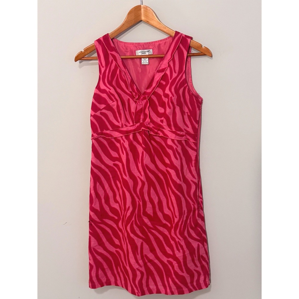 RICHARD MALCOLM | Linen Zebra Print Dress Women 4P Pink V-Neck Ruffle Y2K Summer